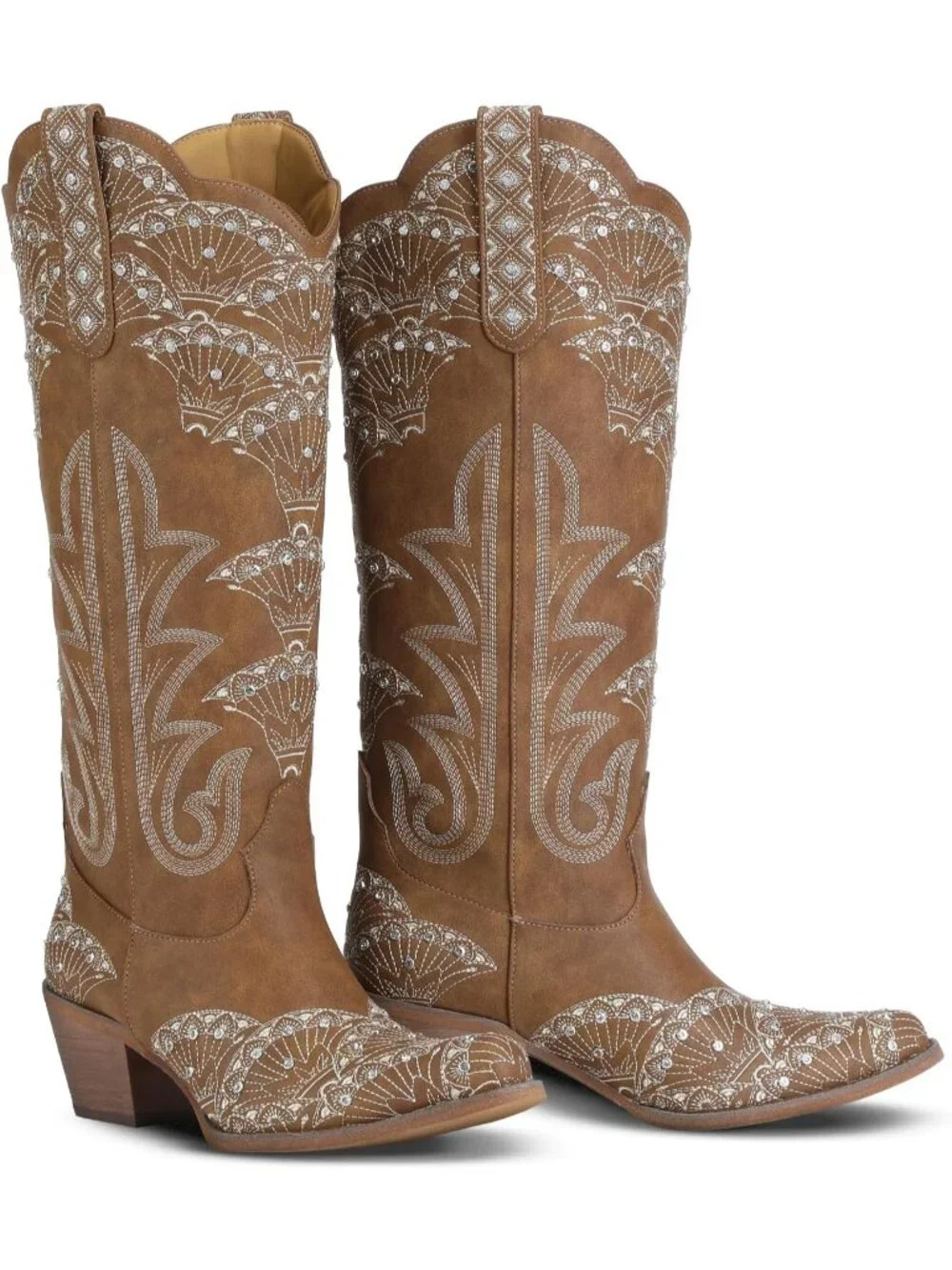 Women's Brown Durable 3D Rhinestone Knee High Sparkly Embroidery Western Boots